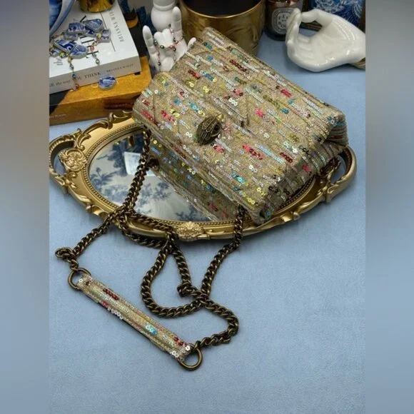 🆕 KURT GEIGER LONDON 🧿 NWOT Lurex Medium Kensington, Gold Rainbow Sequins - Picture 8 of 13